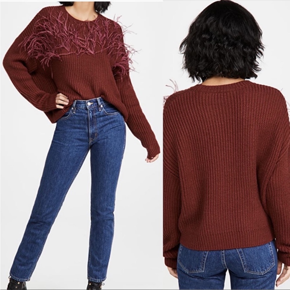 Cinq a Sept Ostrich Feather Sweater Size M Burgundy/Wine Color